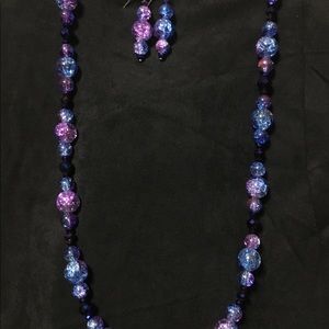 Purple & blue crackle glass 24” necklace/earrings